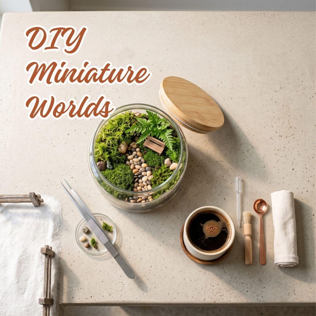 Craft studio desk flat lay with glass terrariums, moss, and fine tweezers.
