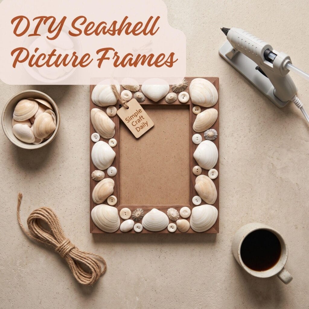 Artisan workspace with a seashell frame and crafting supplies.