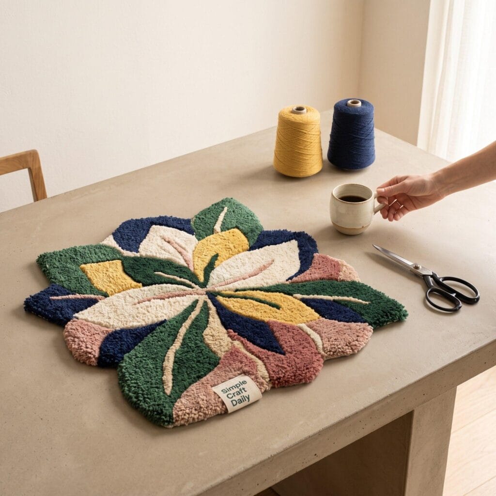 An organized craft workspace showing a floral tufted rug, sharp fabric scissors, and yarn cones.