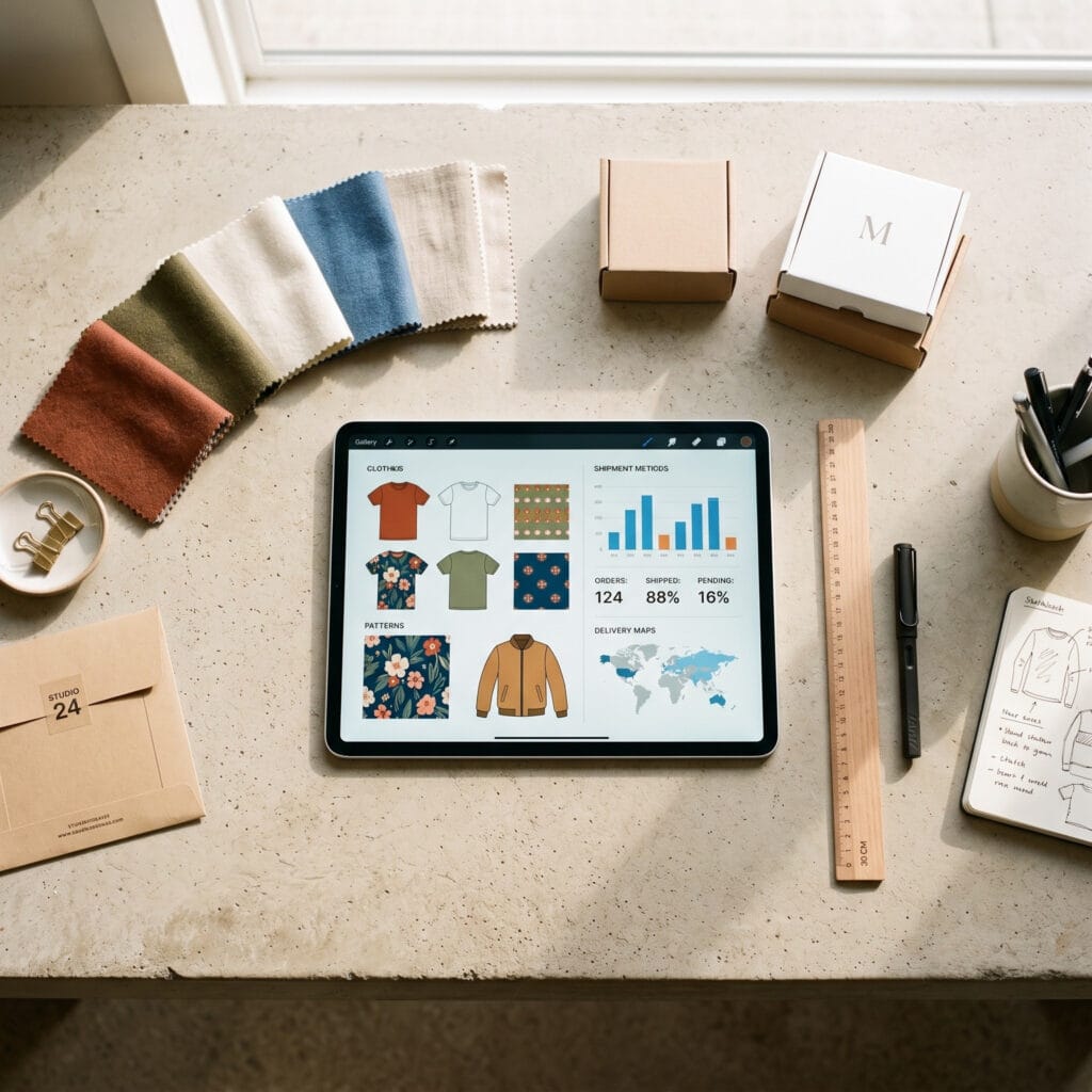 An overhead top-down flat lay view of a minimalist product design studio desk featuring an open tablet displaying clothing vectors, shipping metrics, colorful fabric swatches, and eco-friendly packaging boxes.