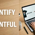 A split-screen graphic with 'Printify vs Printful' text next to a person typing on a laptop that displays both print-on-demand platform options on an organized wooden desk.