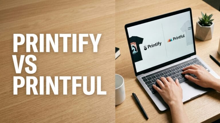 A split-screen graphic with 'Printify vs Printful' text next to a person typing on a laptop that displays both print-on-demand platform options on an organized wooden desk.