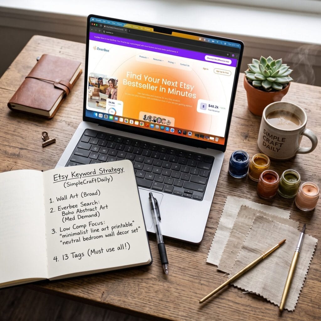 An open laptop on a wooden desk displays the Everbee Etsy SEO tool dashboard, and next to it is an open spiral notebook with handwritten notes titled 'Etsy Keyword Strategy (SimpleCraftDaily)' and bullet points listing steps for wall art keyword research and focusing on long-tail keywords. Crafting supplies and a coffee mug are also visible.