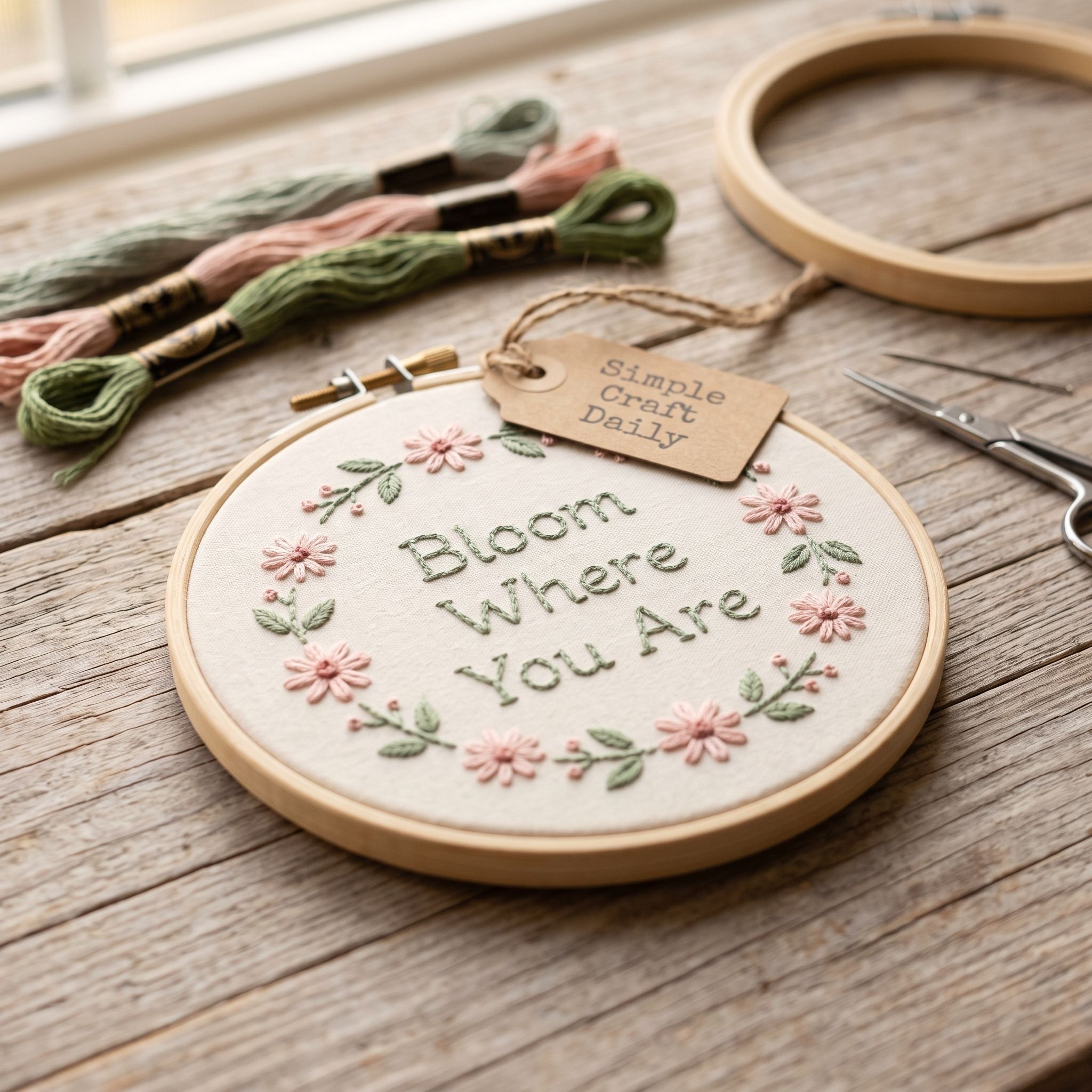 DIY embroidered wall art hoop with Bloom Where You Are lettering and blush flowers
