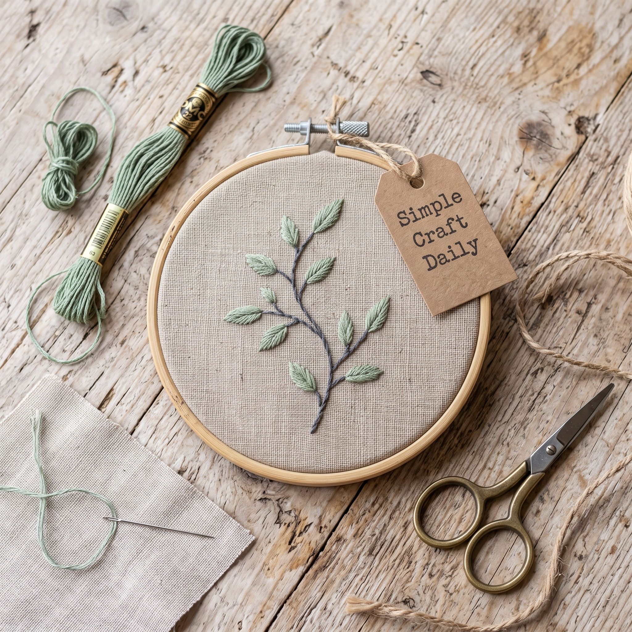DIY embroidered hoop art with a sage botanical stem stitched on natural linen