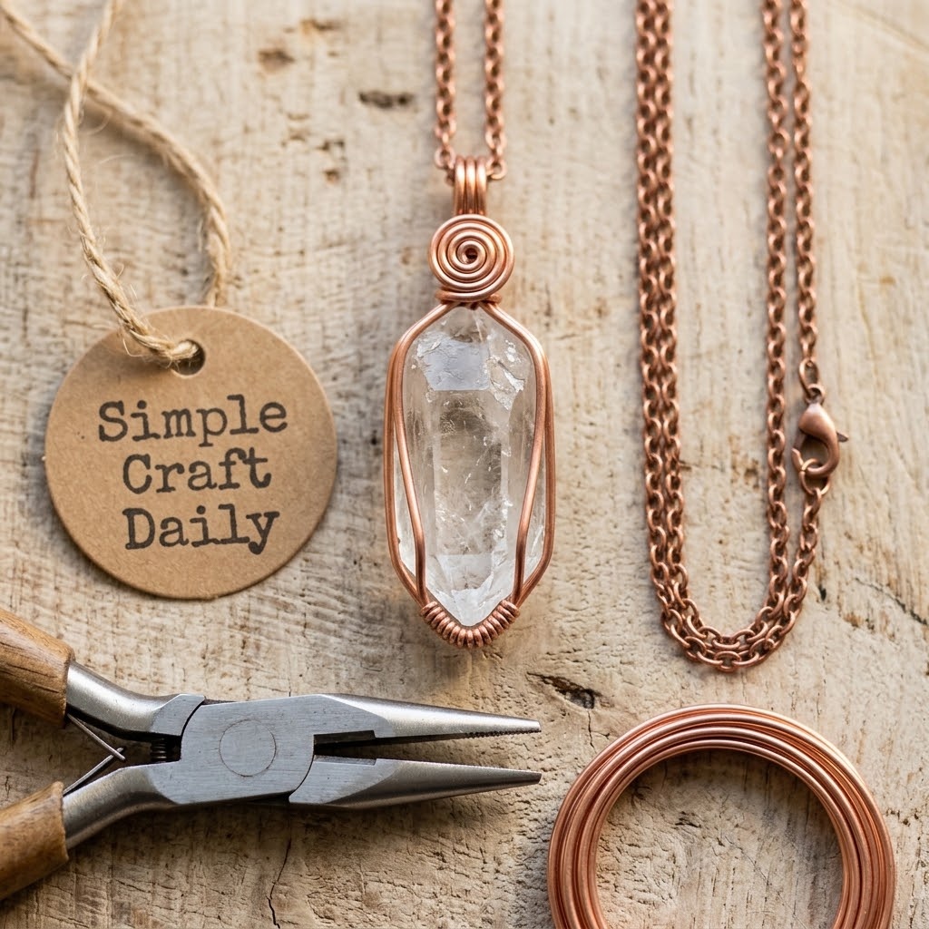DIY wire wrap pendant with a clear quartz stone and copper spiral bail on a wood craft table