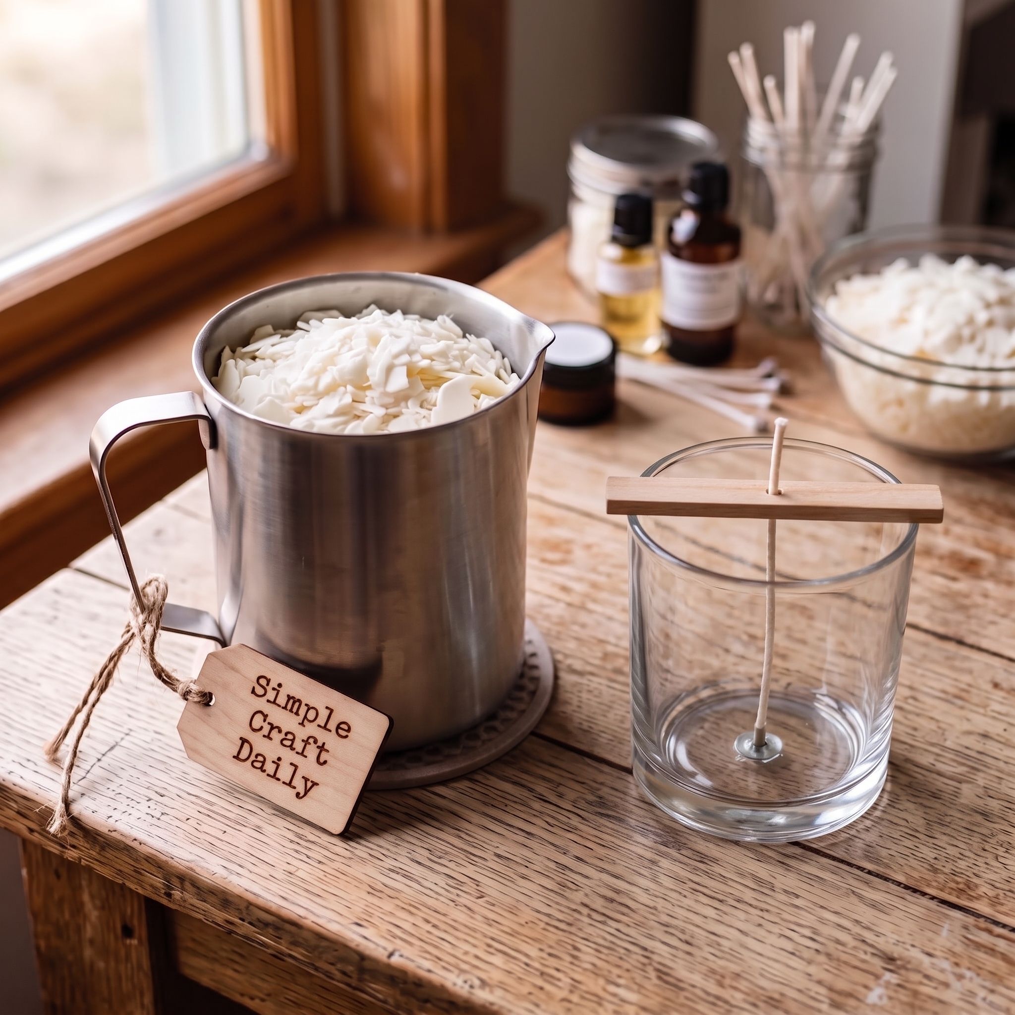 DIY candle making setup with weighed soy wax flakes, digital scale, and stainless pouring pitcher
