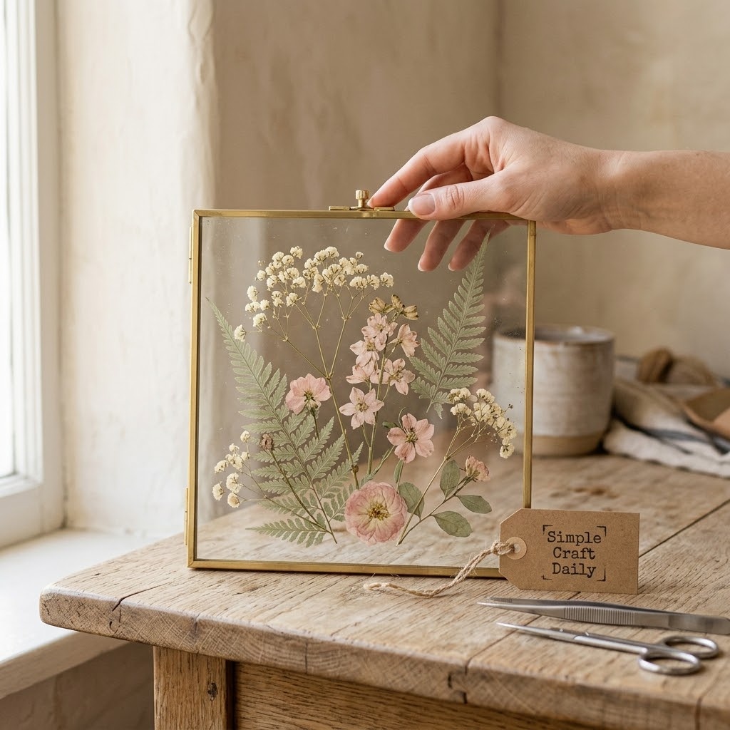 Botanical DIY decor floating frame with pressed fern fronds and blush flowers