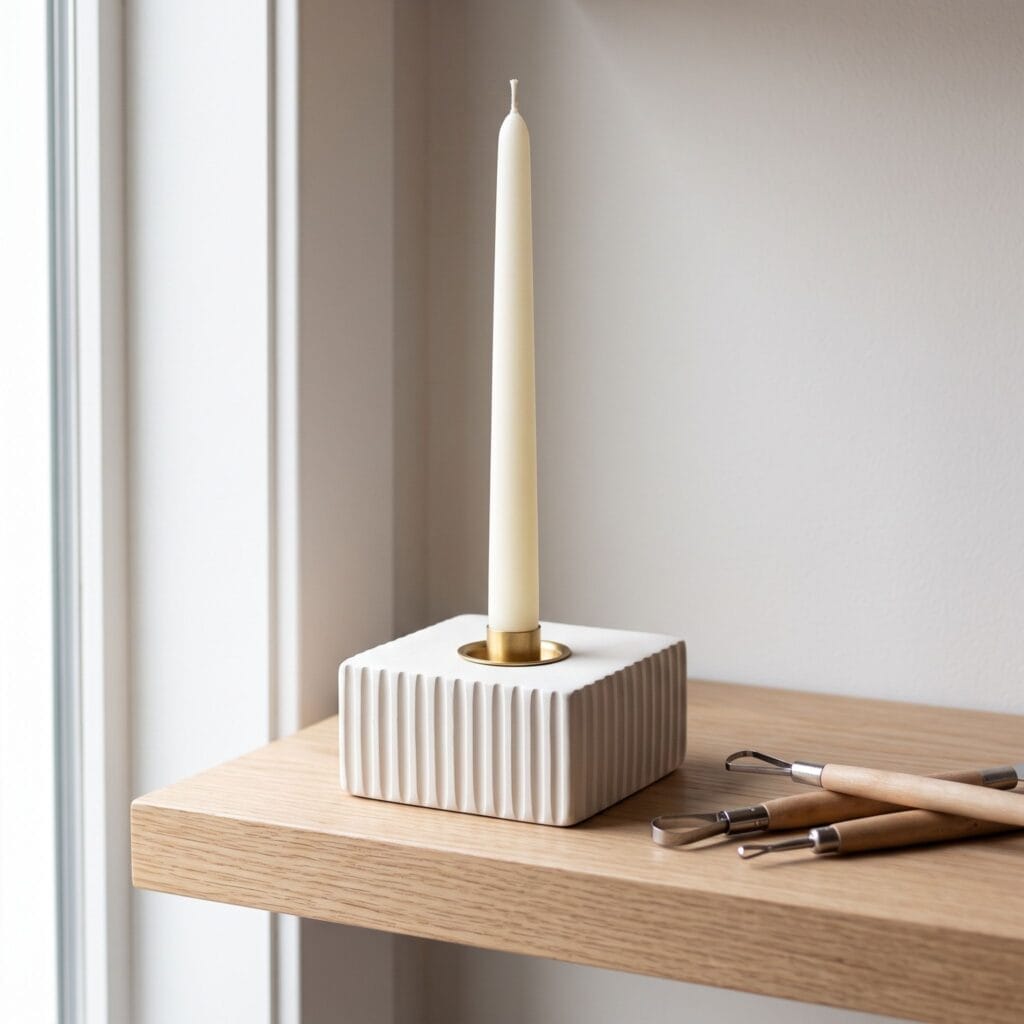 Handcrafted white air-dry clay cylindrical candle holder with crisp carved fluted vertical grooves and a polished brass insert.