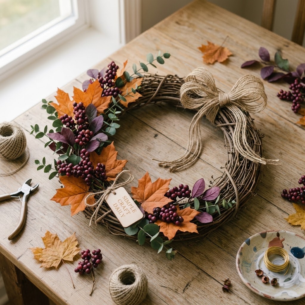 DIY fall decorations grapevine wreath with orange leaves and berry picks