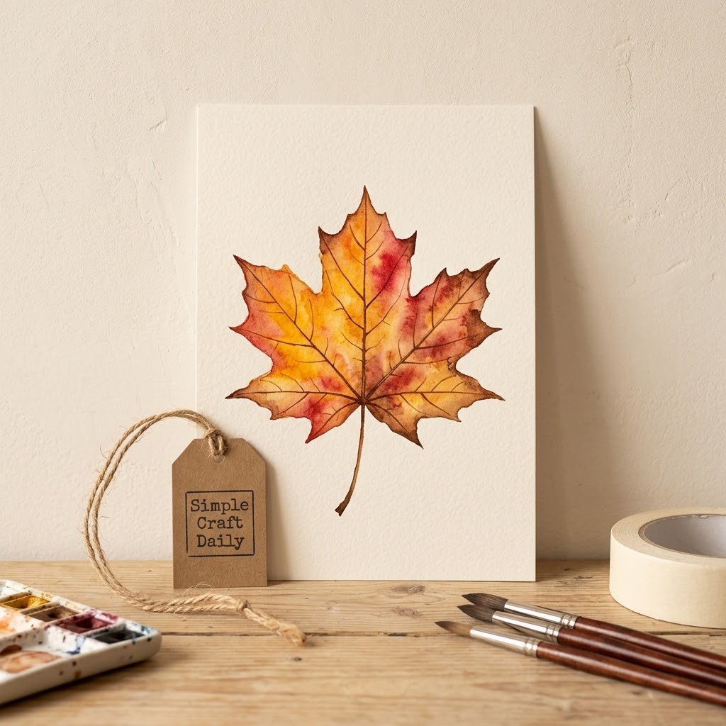DIY autumn watercolor ideas shown as a crimson and golden maple leaf study on textured paper.