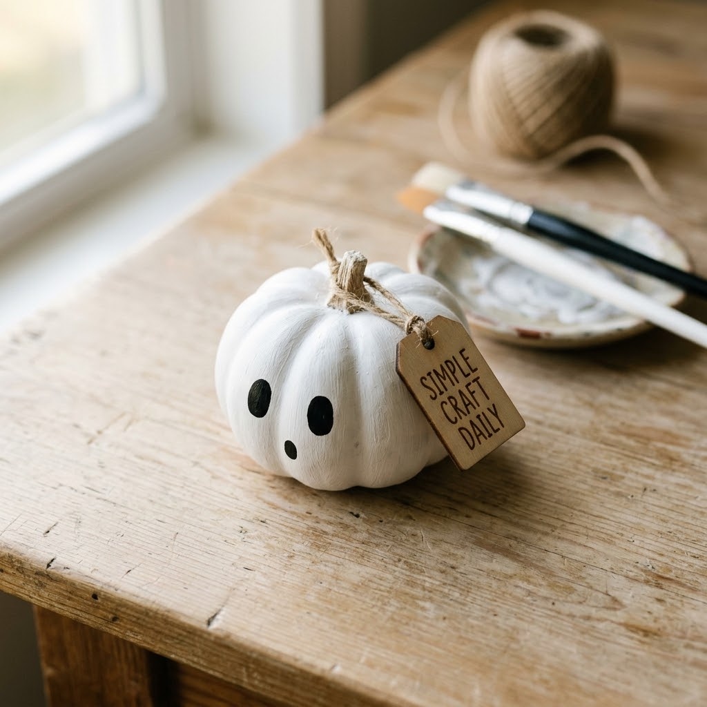Pumpkin painting ideas featuring a matte white ghost pumpkin with a simple black face
