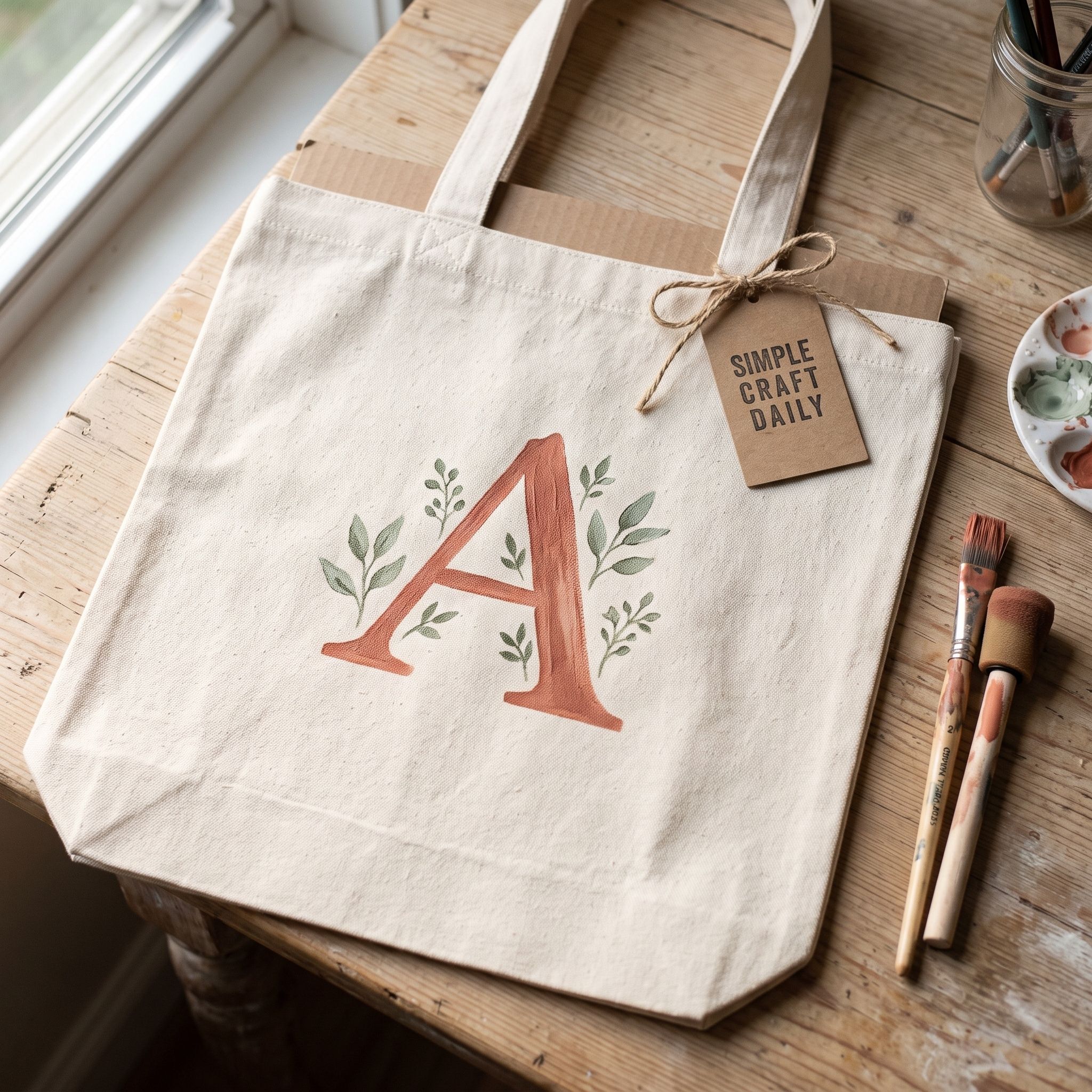 DIY personalized tote bag with a hand-painted terracotta initial and sage leaf accents