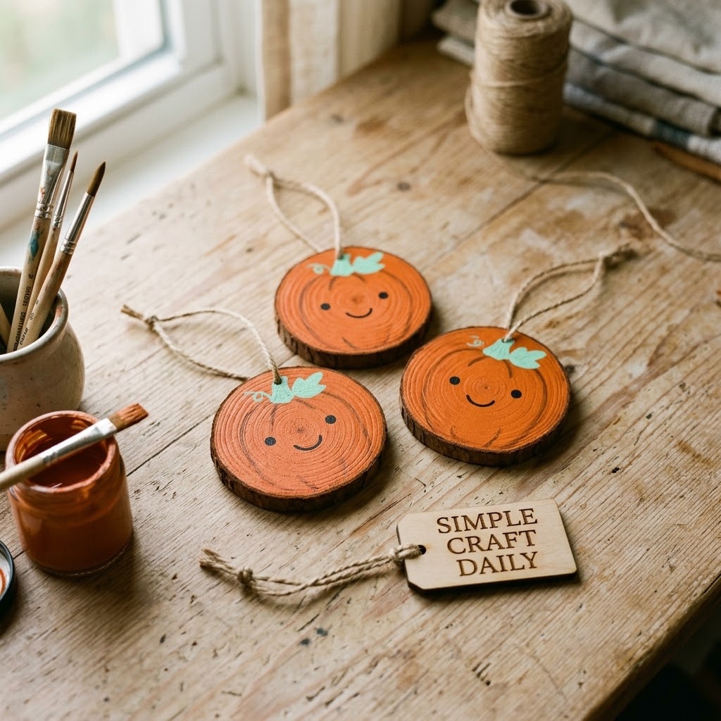 DIY cute Halloween decorations with smiling orange pumpkin wood slice ornaments on a craft table