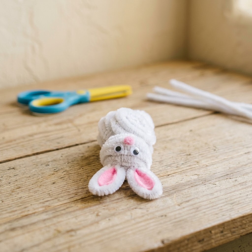 DIY pipe cleaner animals project showing a white bunny with pink felt ears and pom-pom tail