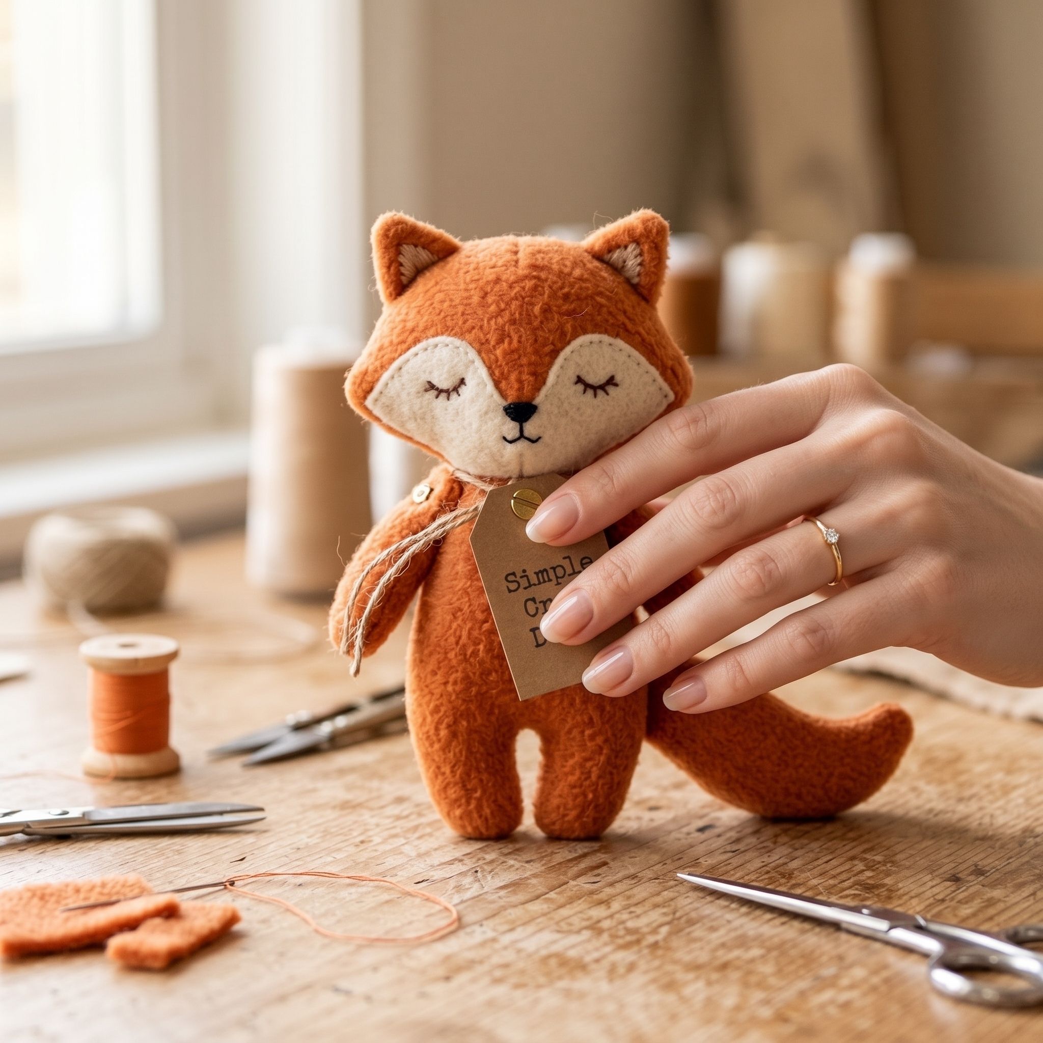 DIY Handmade Stuffed Animals pocket fox sewn from orange fleece with cream felt muzzle