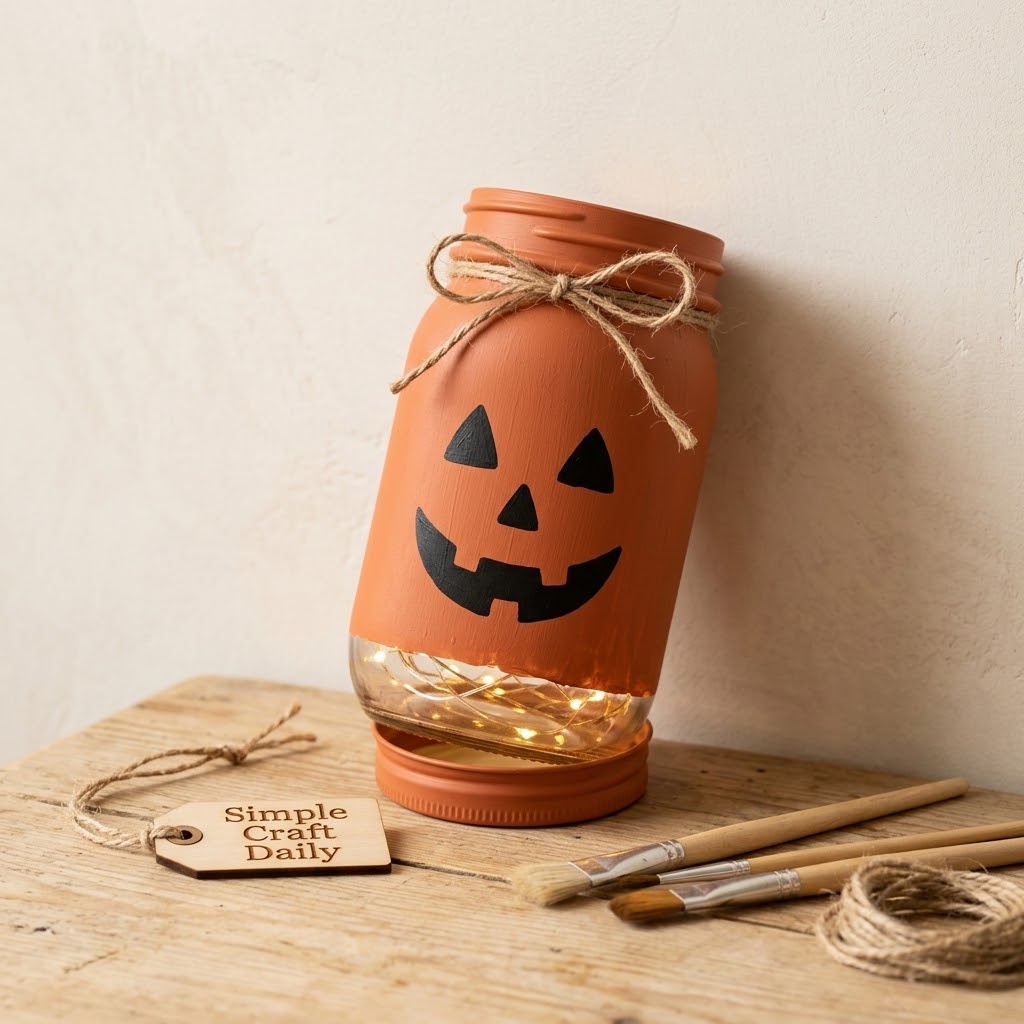 Terracotta pumpkin DIY fall mason jar luminary with warm LED lights and jute bow
