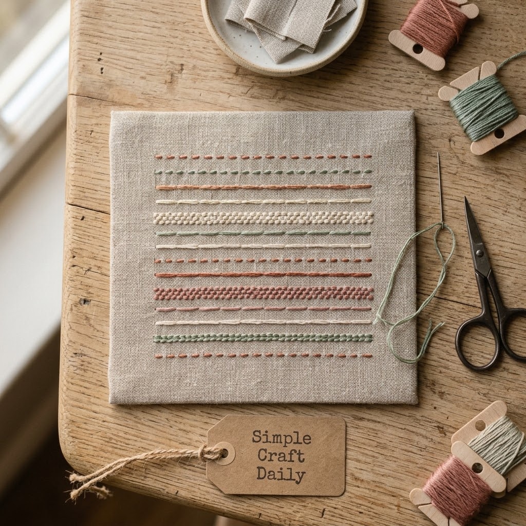 Slow stitching projects sampler with running stitch and seed stitch on natural linen