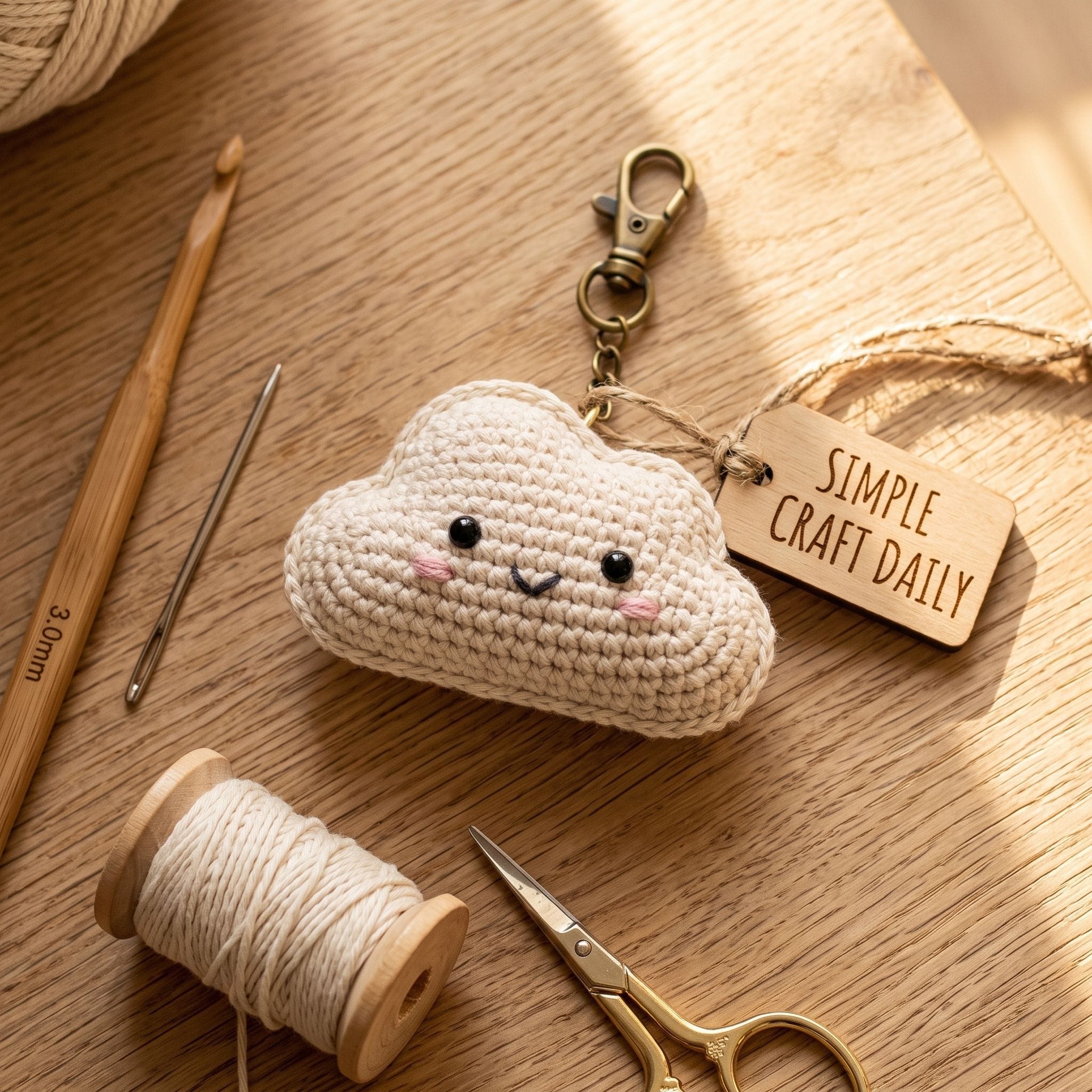 Cream smiling cloud DIY crochet keychain with a brass clasp on a light wood craft table