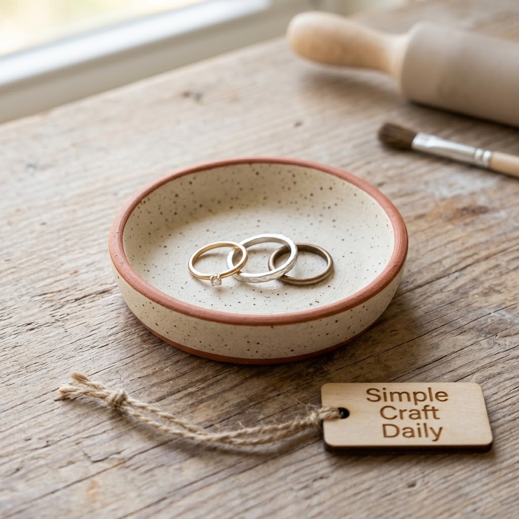 Easy air dry clay crafts speckled ring dish in ivory and terracotta on a wooden table