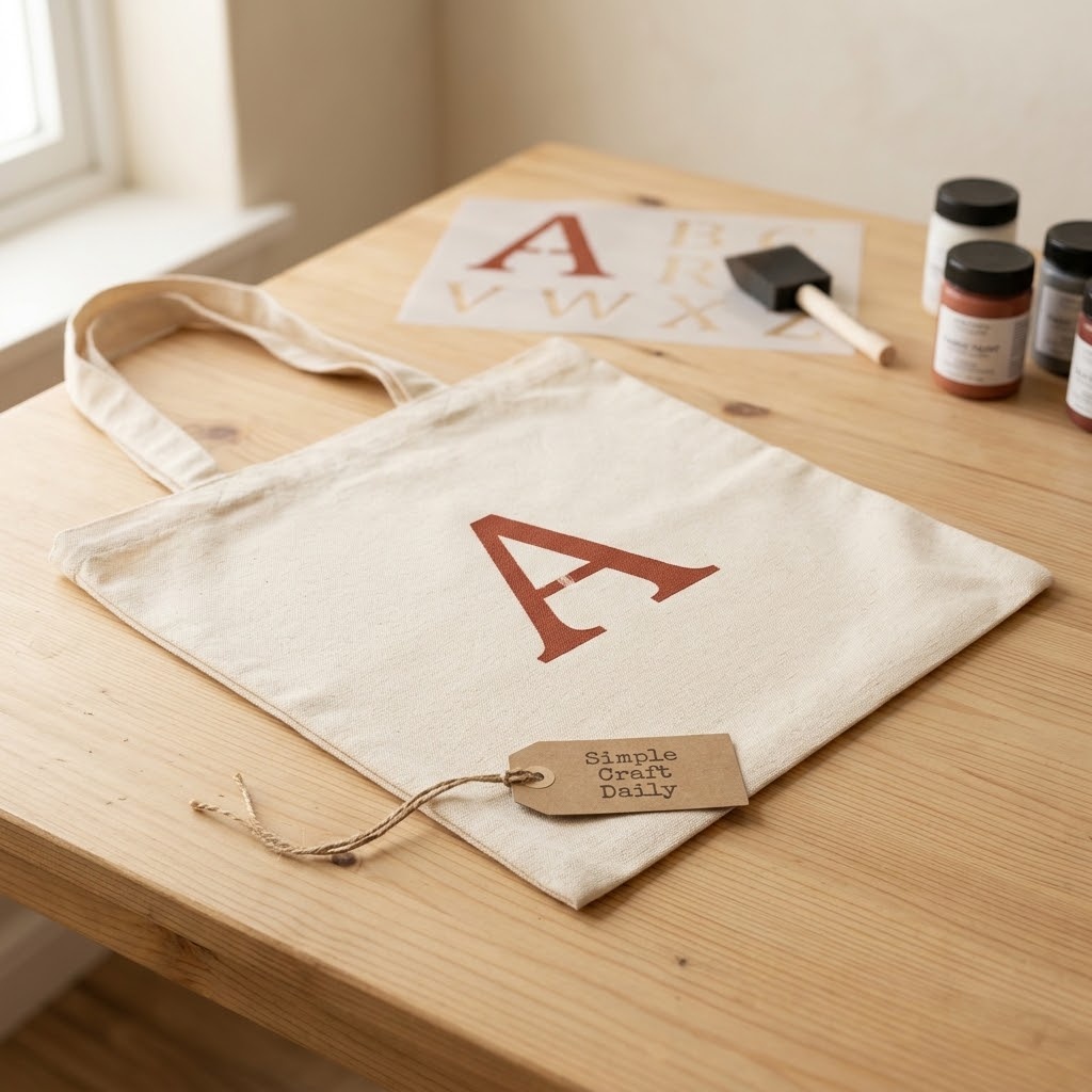 DIY tote bag with a terracotta stenciled initial on natural cotton canvas