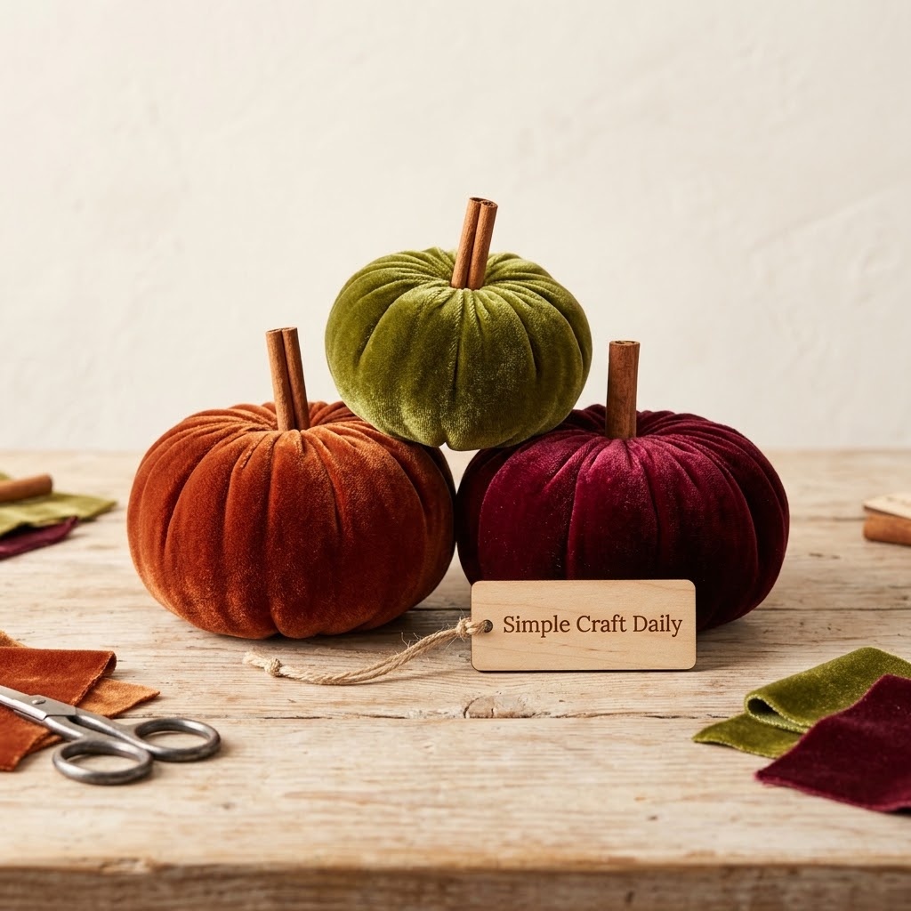 DIY fall decor velvet pumpkins in rust, olive, and burgundy on a wood table