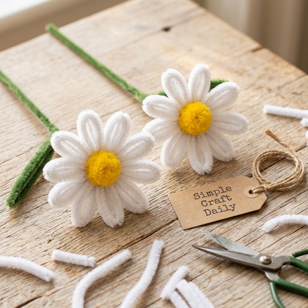 White DIY pipe cleaner flowers shaped as daisies with yellow pom pom centers