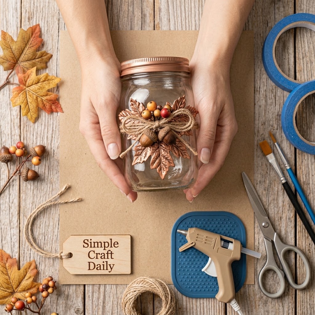 Copper maple leaf collar around a clear DIY fall mason jar
