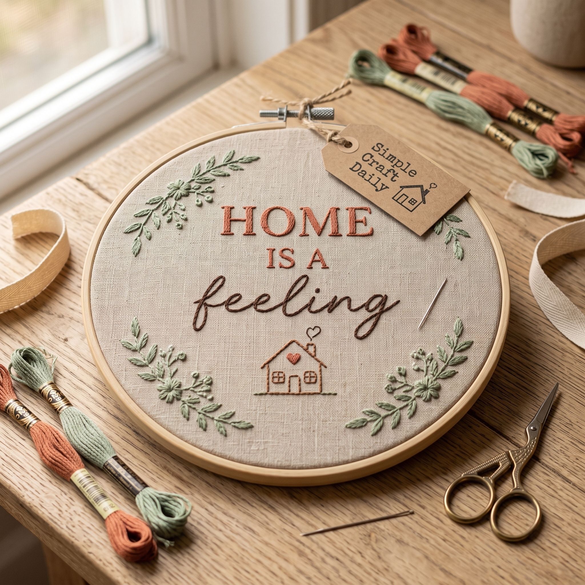 Home Is a Feeling embroidery hoop with stitched house and sage florals