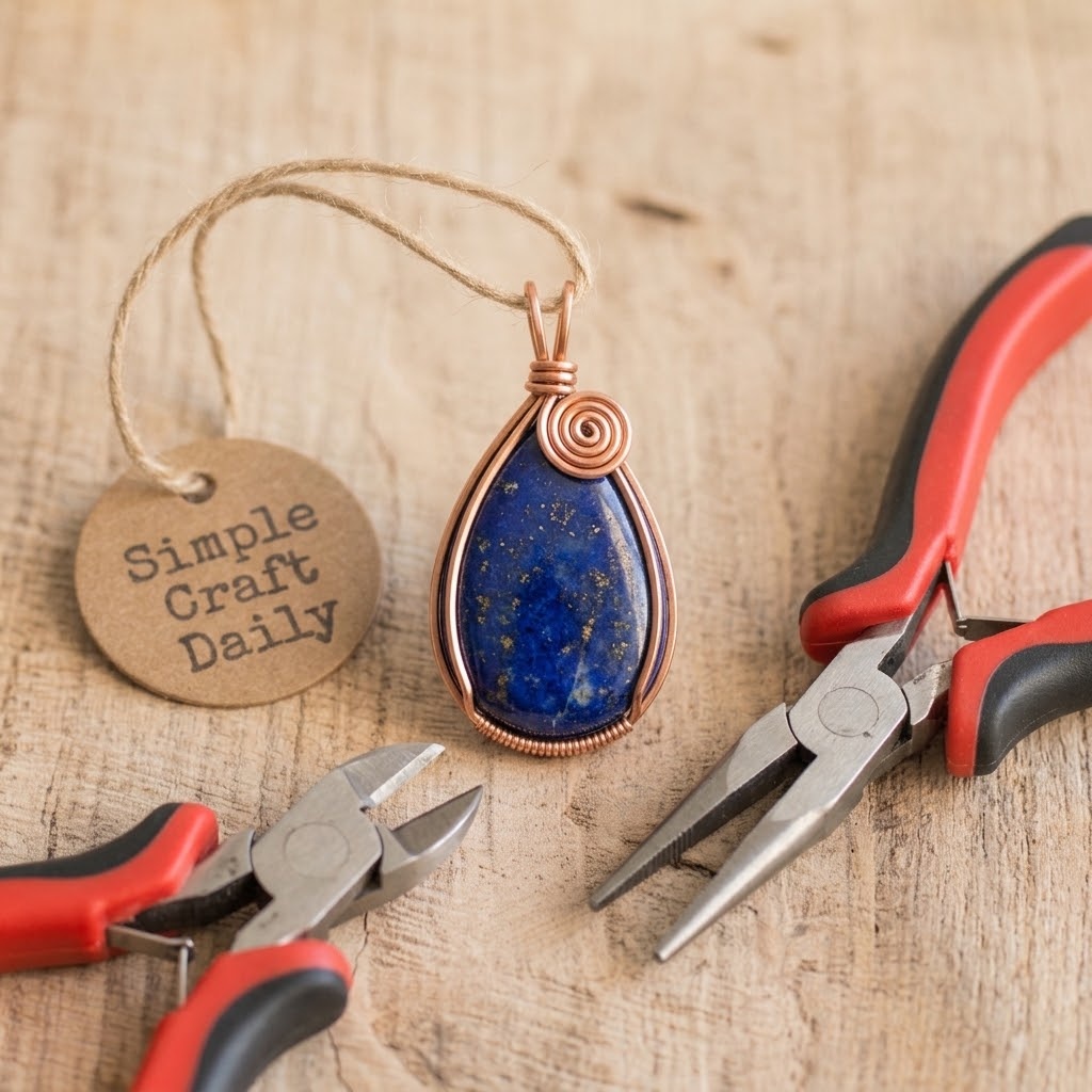 Lapis lazuli teardrop cabochon pendant with copper wire swirl detail