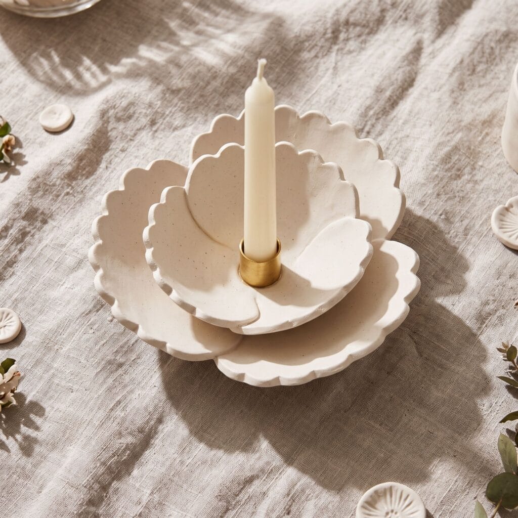 Blooming botanical candle holder formed by three concave layered clay petals with scalloped edges and a center brass cup.