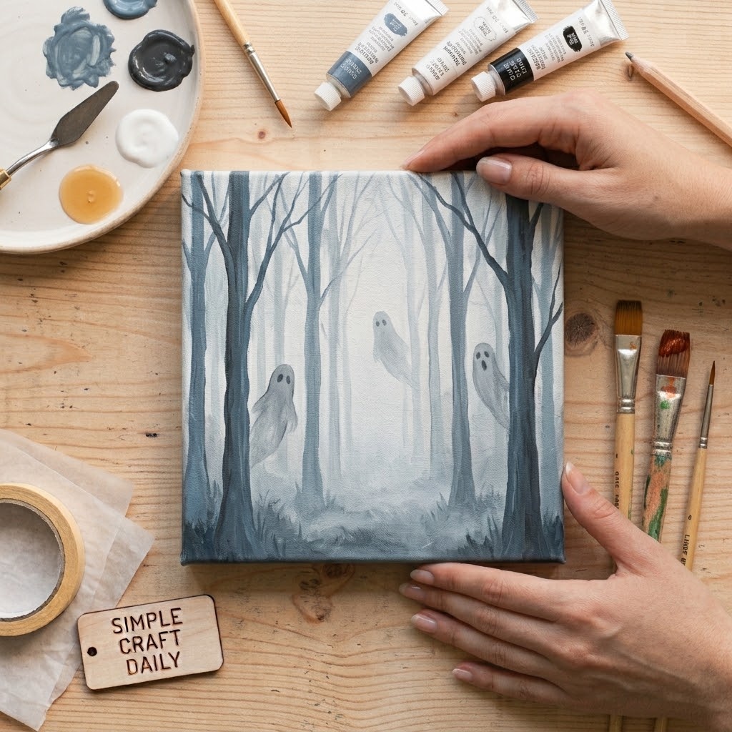 DIY fall canvas paintings misty forest with white ghost silhouettes