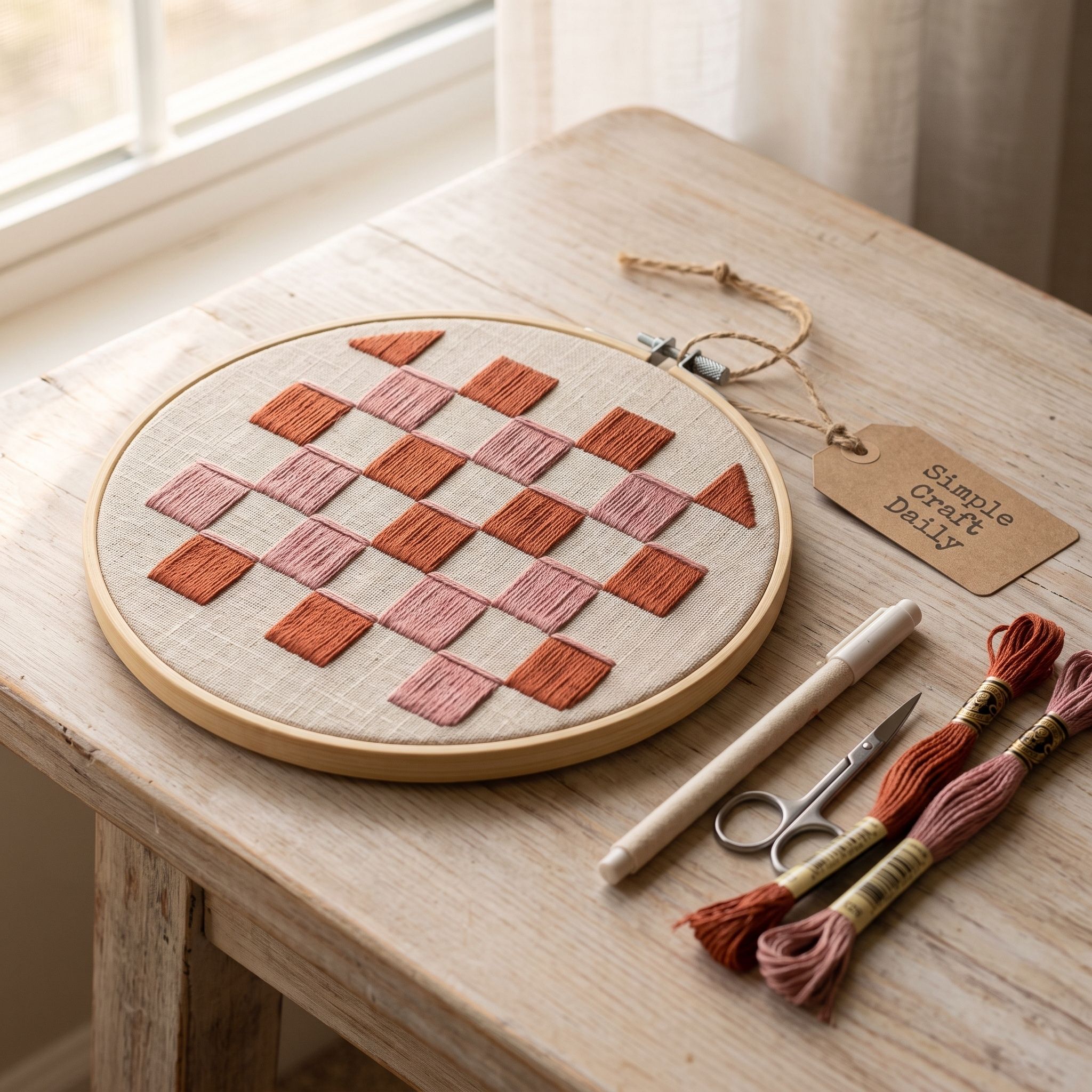 Terracotta and dusty rose satin-stitched checkerboard squares on natural linen