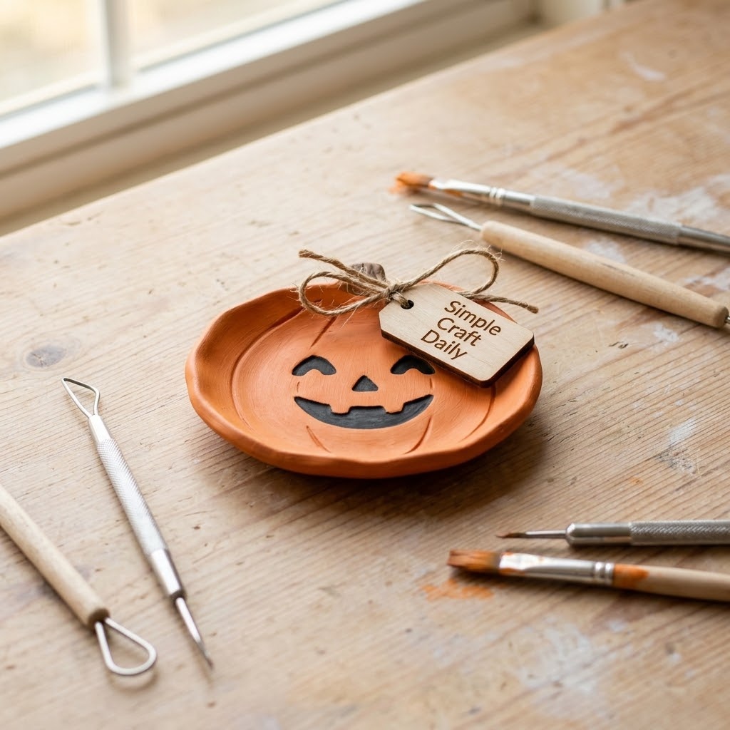 DIY cute Halloween decorations with a handmade orange pumpkin clay trinket dish