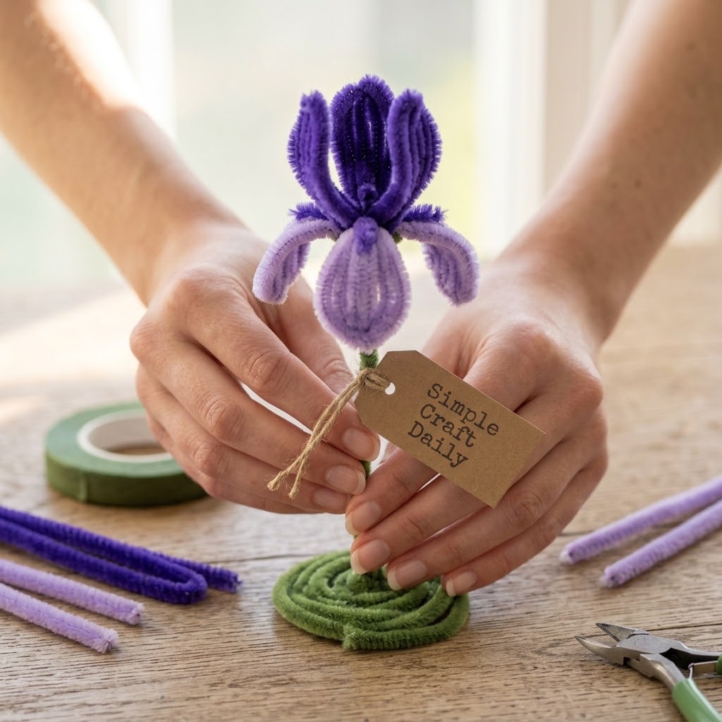 Purple DIY pipe cleaner flowers shaped as a dimensional iris