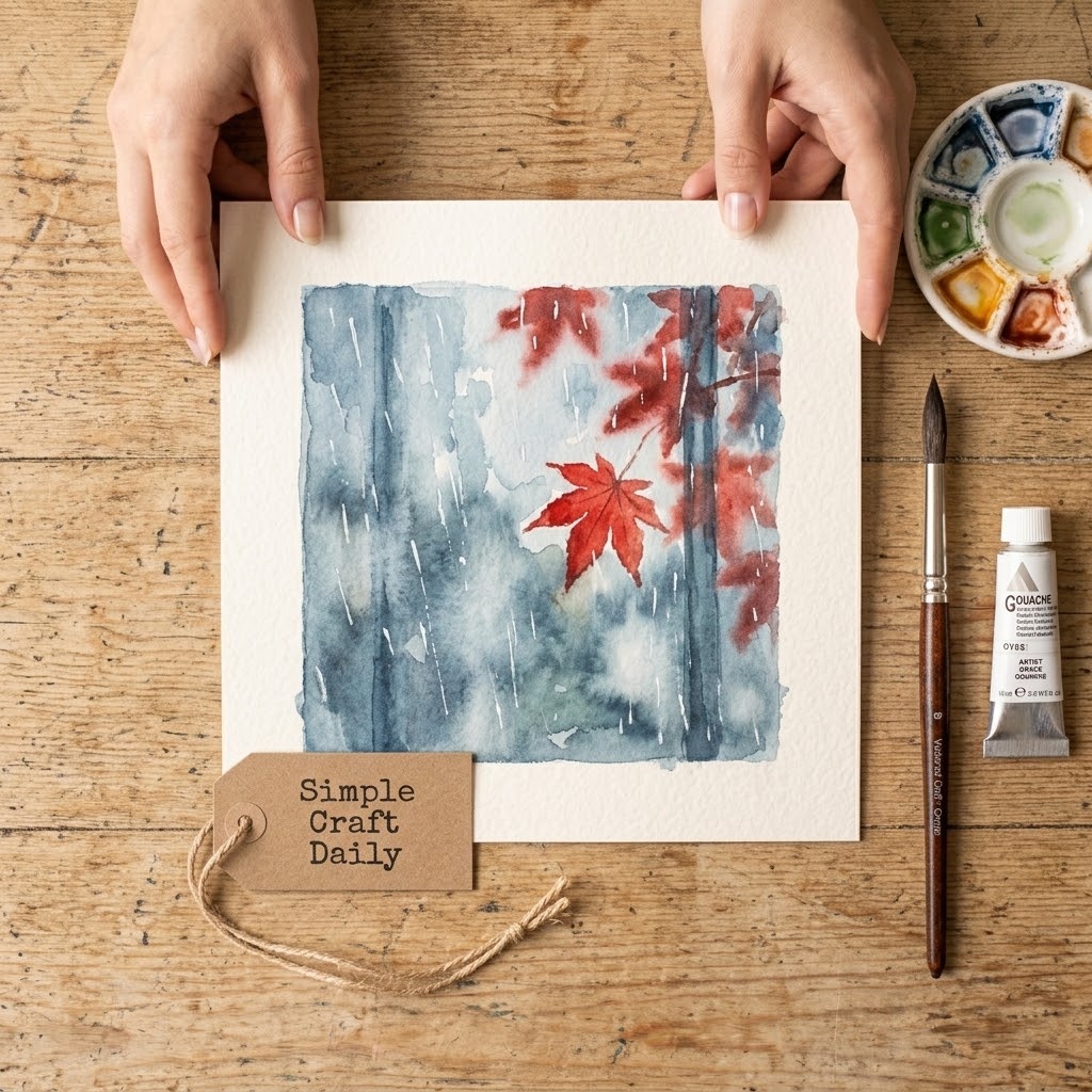 DIY autumn watercolor ideas with a rainy blue-gray window and blurred scarlet leaves.