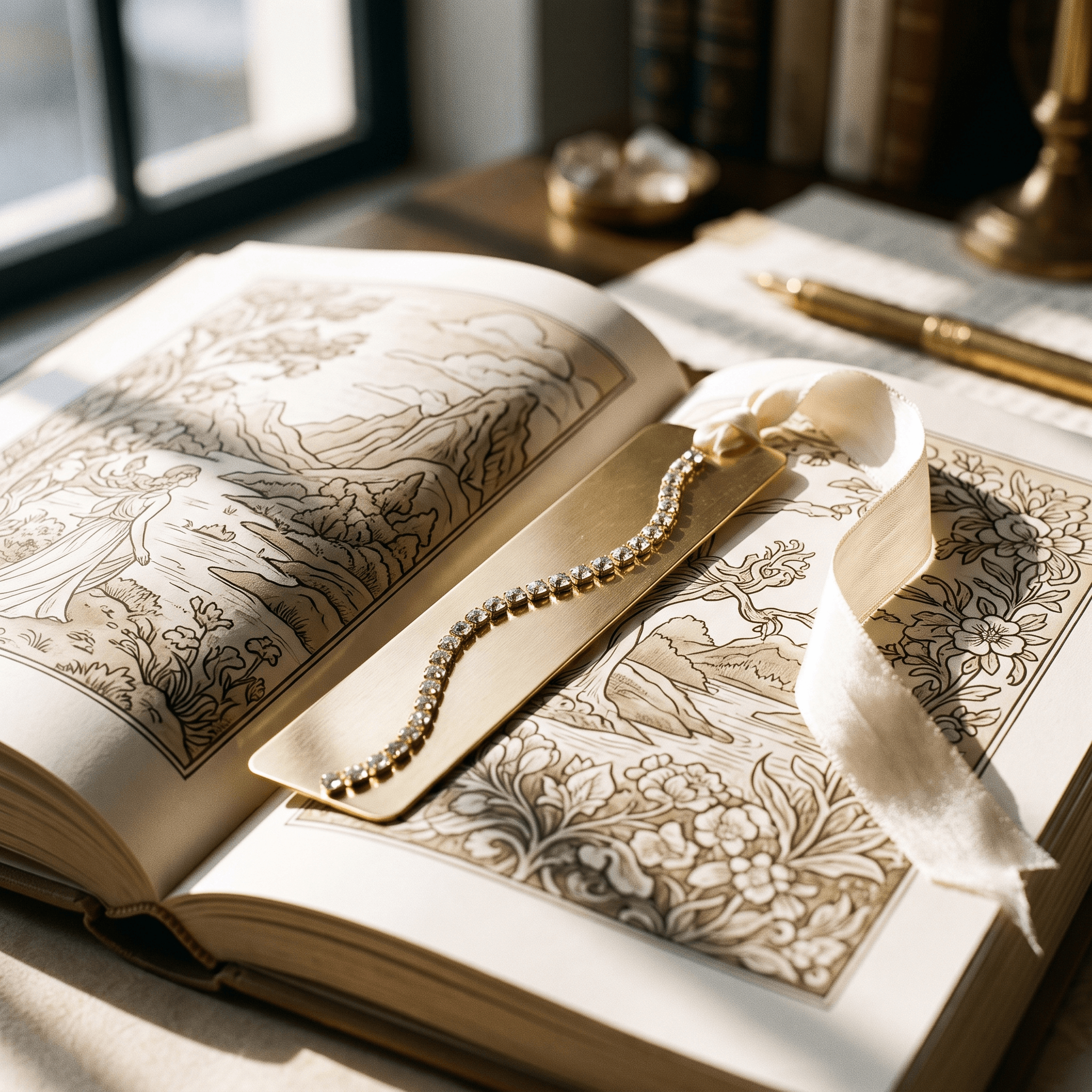 Gold brass bookmark with a wavy rhinestone line resting on an open vintage book.
