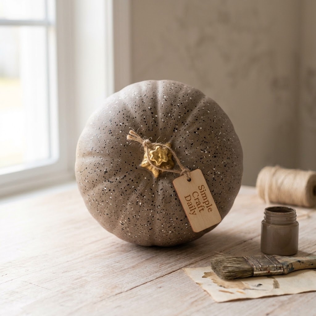 Taupe painted pumpkin with realistic black and white speckled stoneware texture
