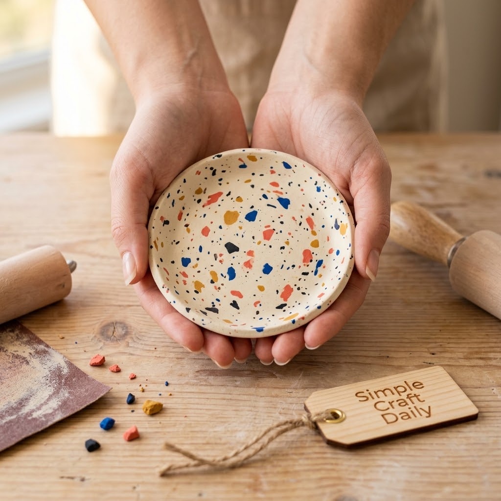 Easy air dry clay crafts terrazzo jewelry dish with colorful embedded flecks