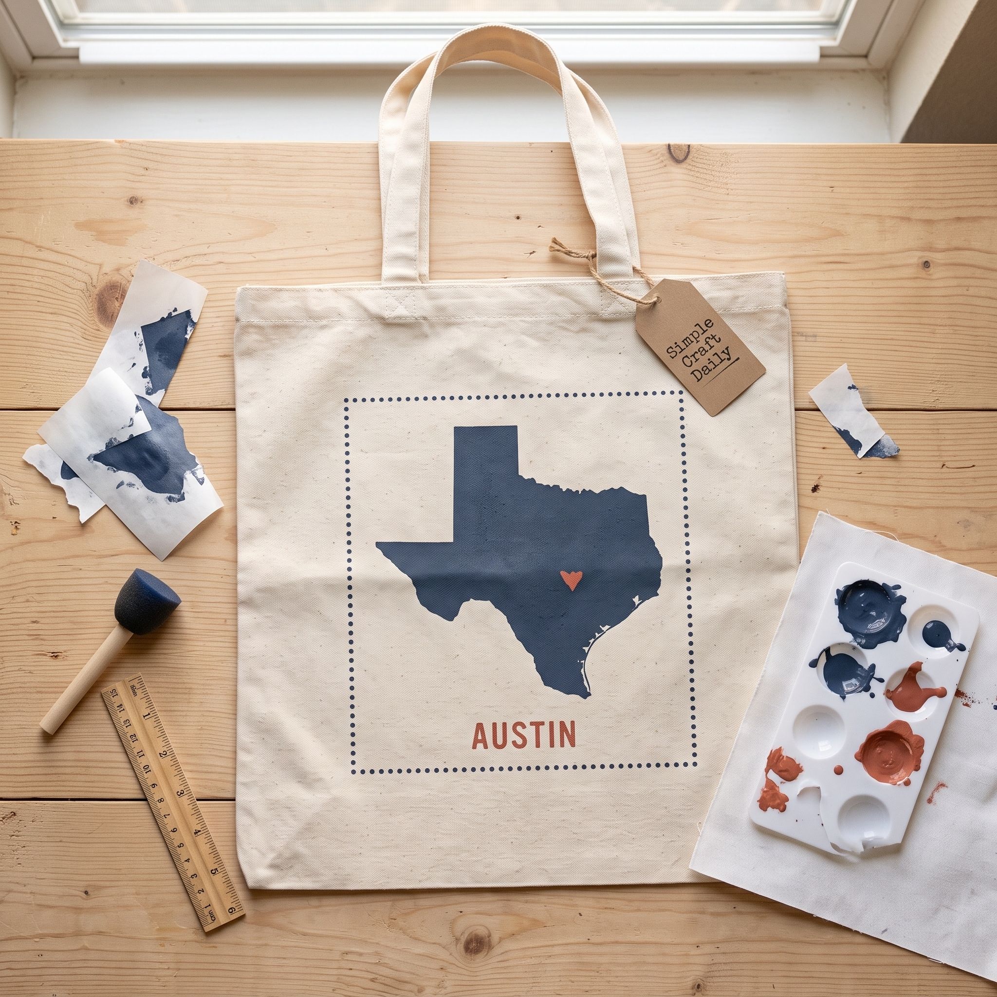 Canvas travel tote with a navy state-map stencil and destination name