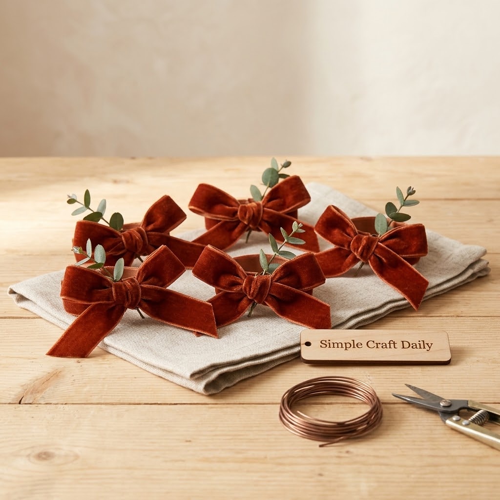 Rust velvet napkin rings with eucalyptus sprigs on linen