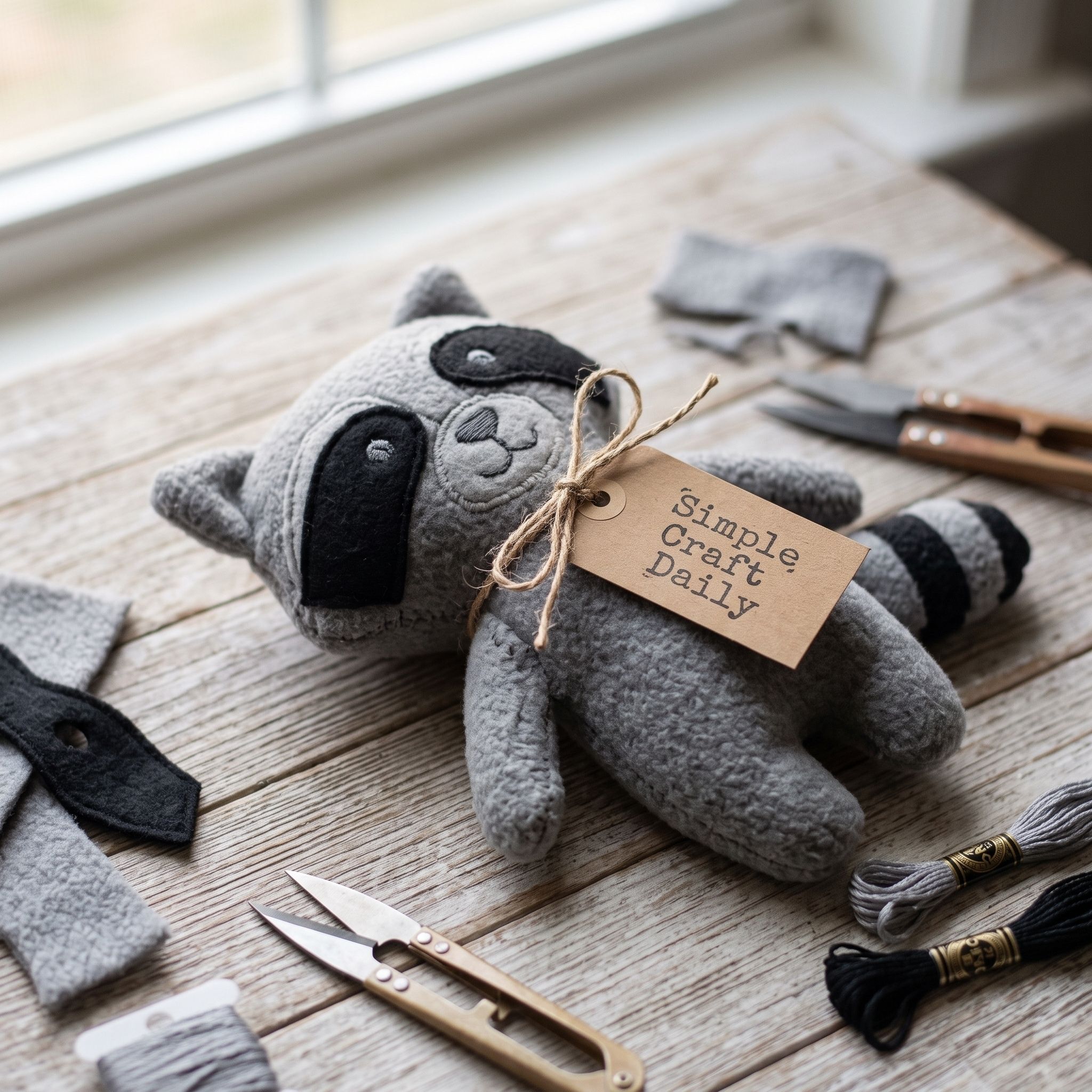 Gray fleece raccoon plush with black felt mask applique and striped tail