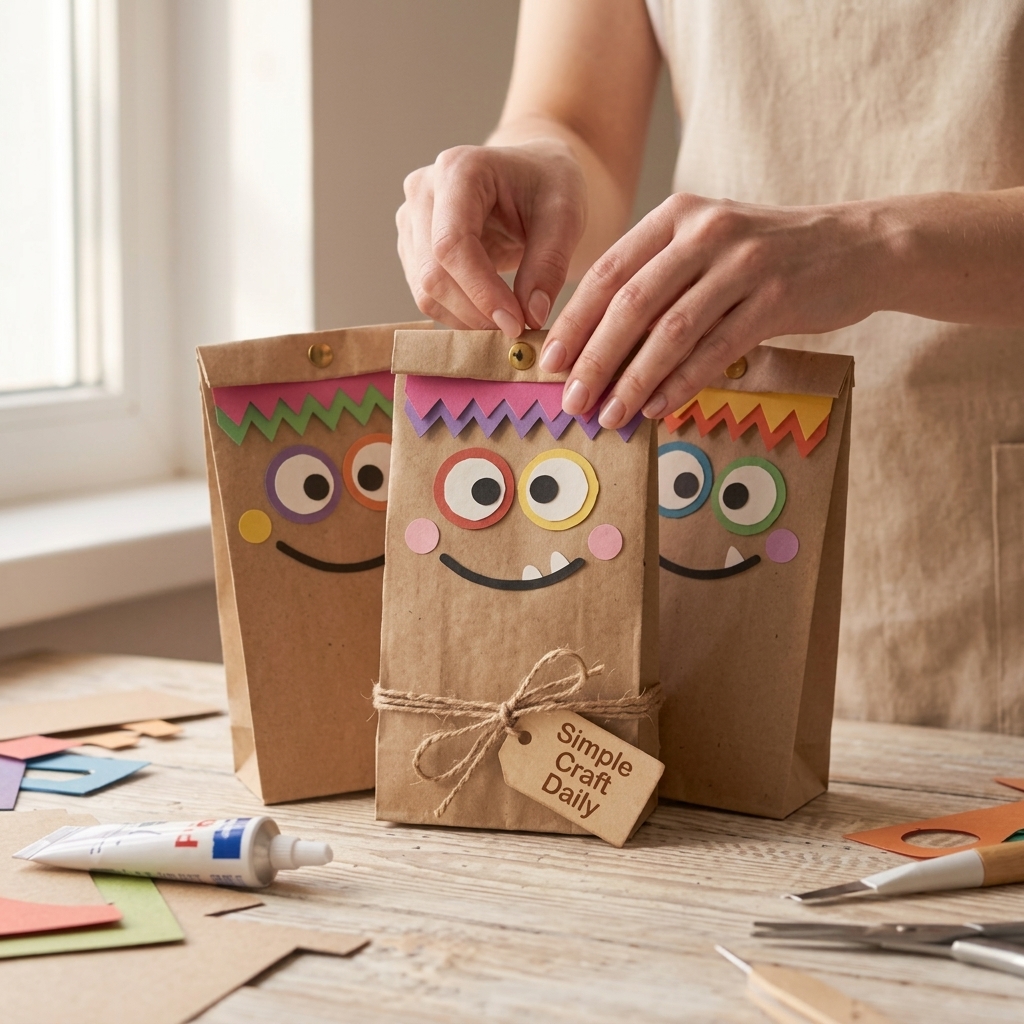 DIY cute Halloween decorations with colorful friendly paper bag monster centerpieces