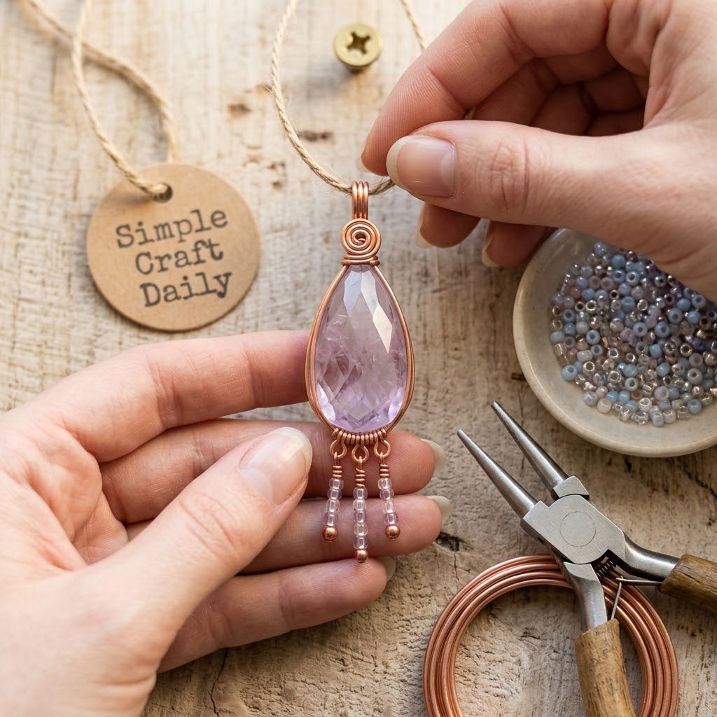 Faceted amethyst briolette pendant with copper wire and tiny beaded fringe