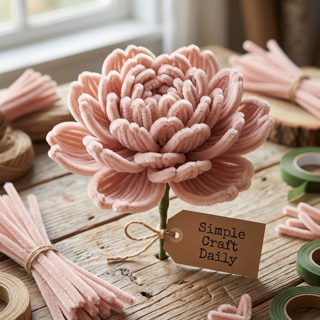 Blush DIY pipe cleaner flowers made into a full layered peony