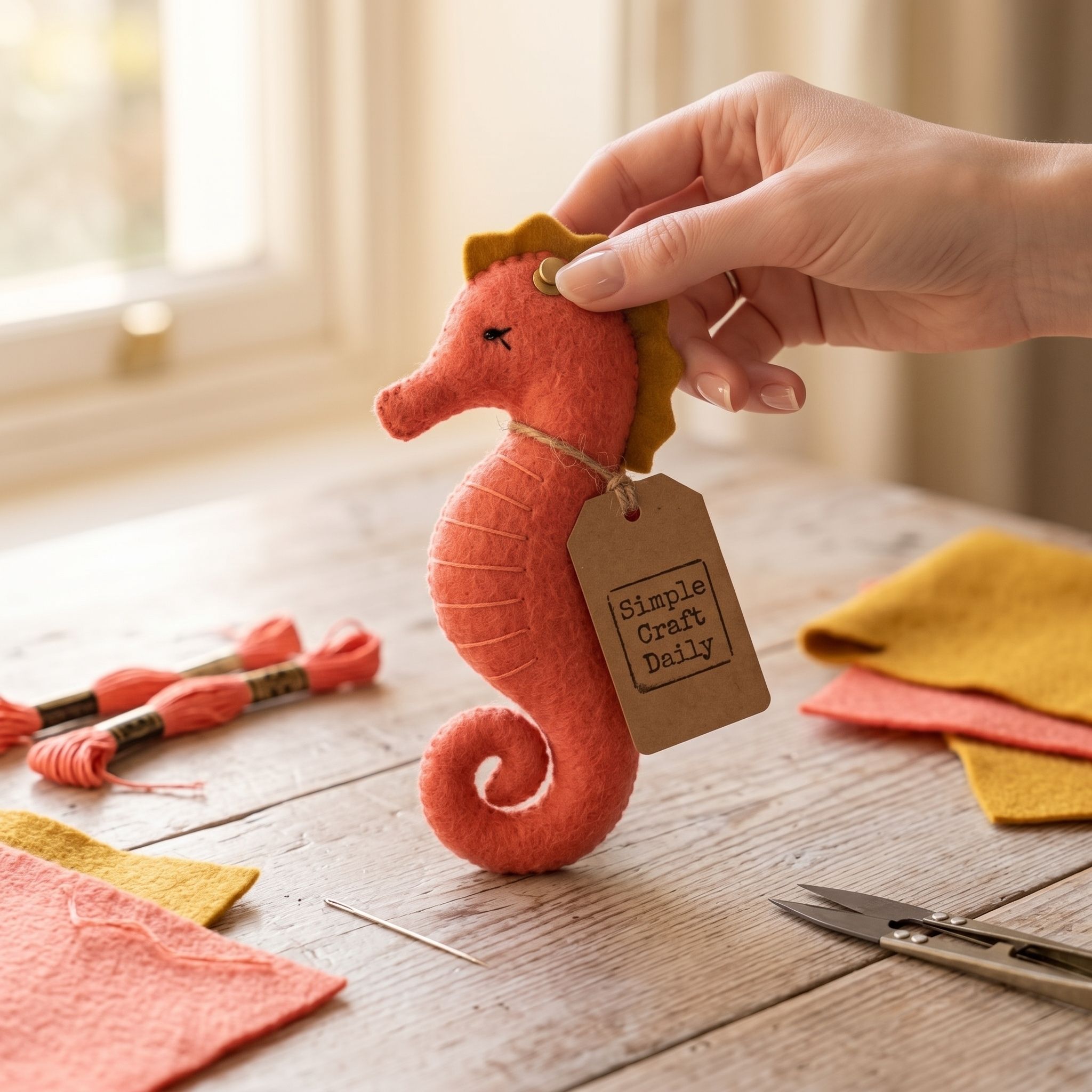 Coral felt seahorse plush with curled tail and mustard mane