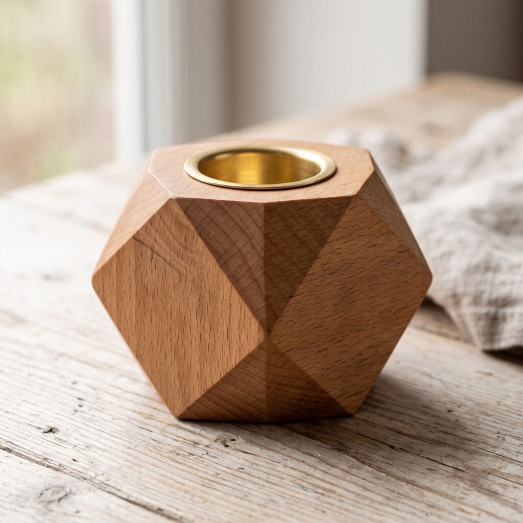 Geometric faceted beechwood block candle holder with eight beveled flat planes and a top brass cup catching room light.
