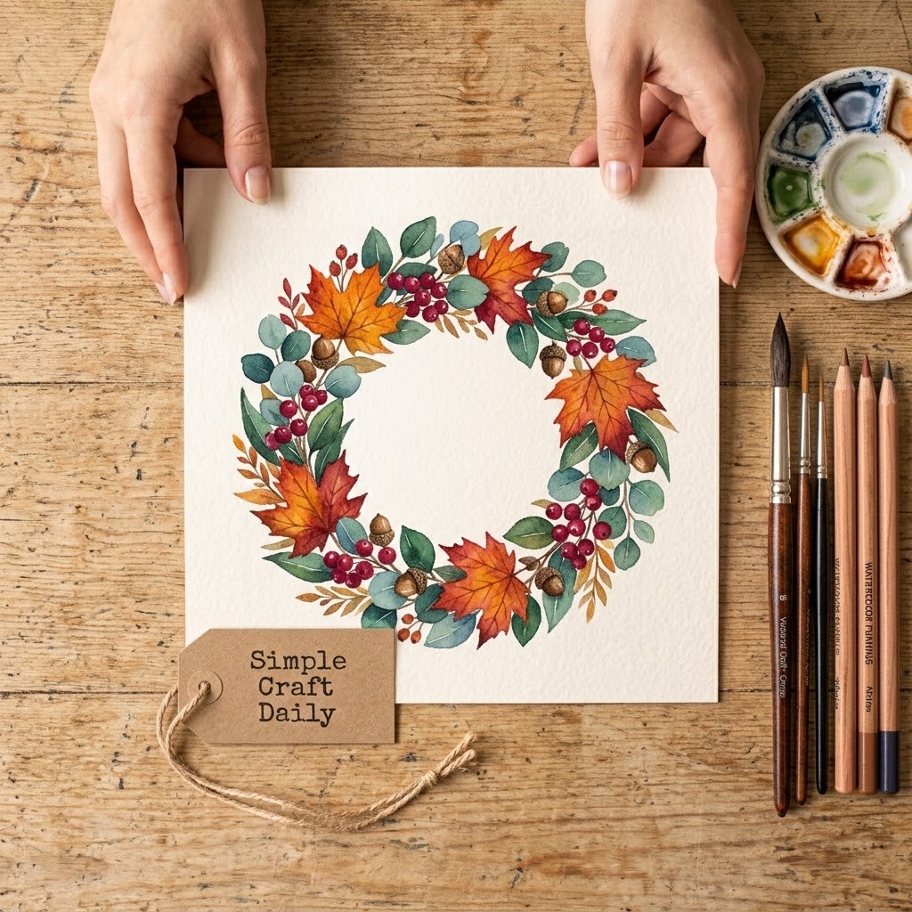 DIY autumn watercolor ideas with a harvest wreath of leaves, berries, and acorns.