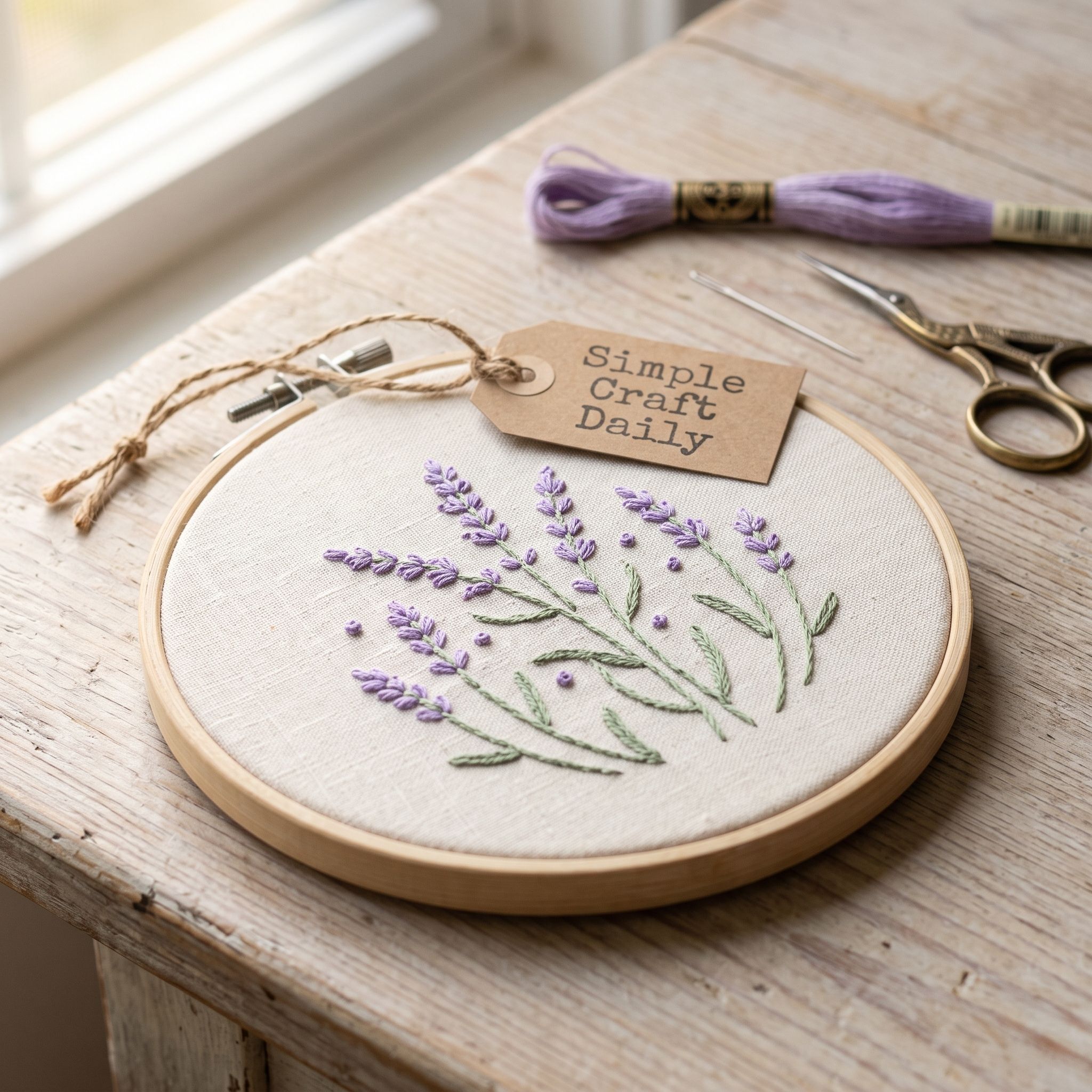 Fine lavender buds and sage stems hand stitched on cream linen