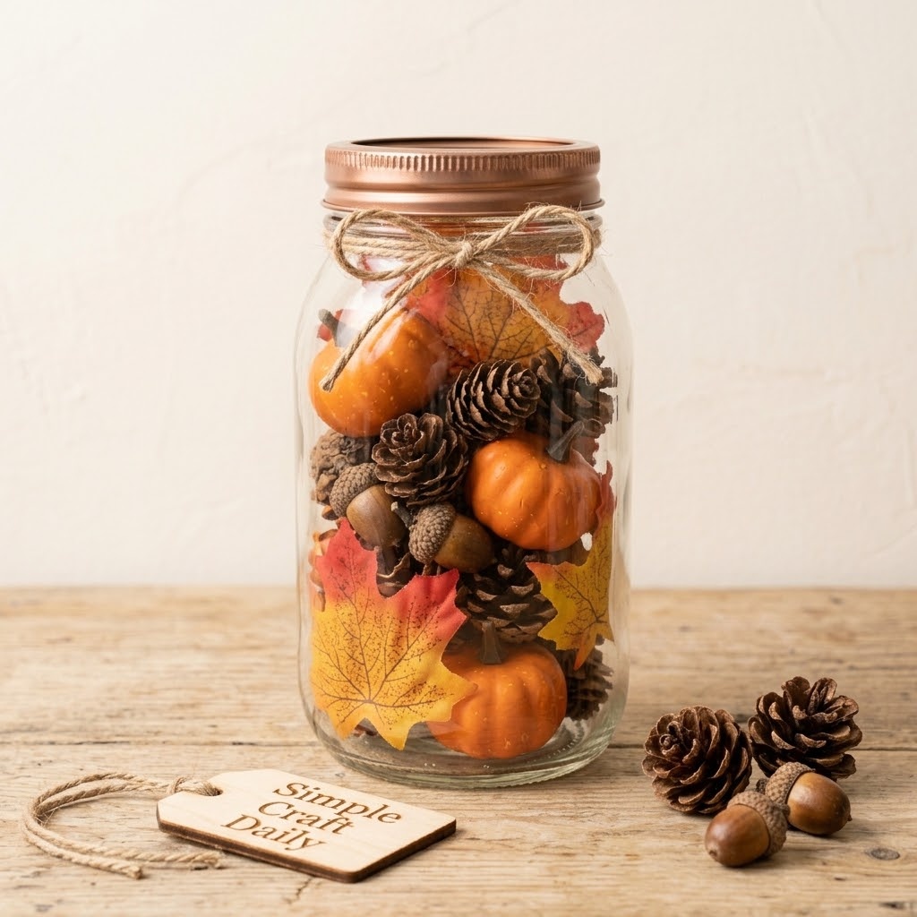 Layered glass jar with mini pumpkins pinecones acorns and autumn leaves